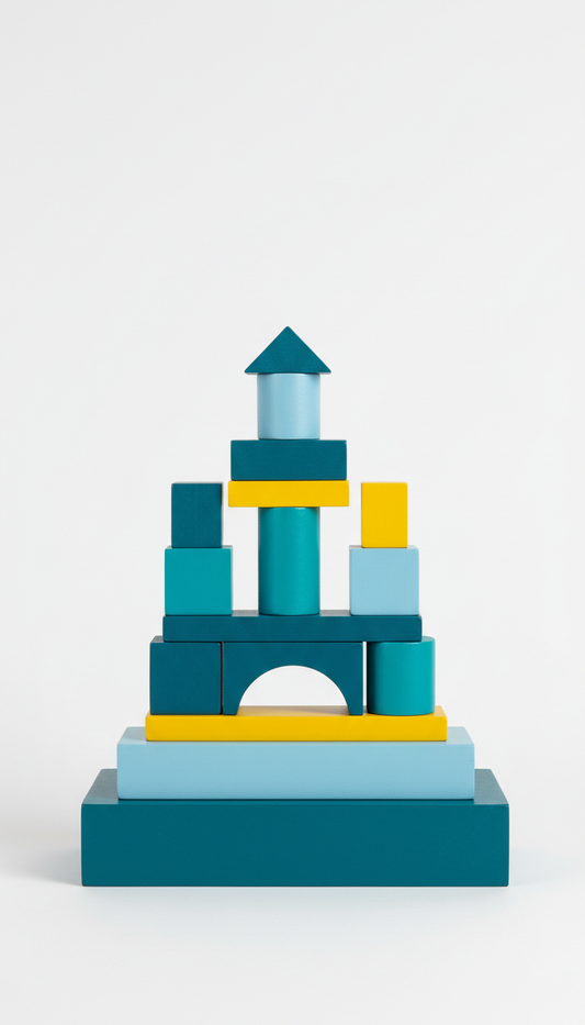 Teal wooden stacking blocks set, Default product angle is straight-on or slight 3/4 view to highlight form and texture;...
