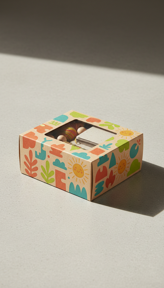 A vibrant DIY craft kit featuring eco-friendly packaging with colorful designs displayed at a perfect 3/4 angle view on a...