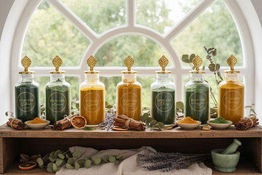 Herbal superfood powders flat lay for Ayurvedic wellness ritual