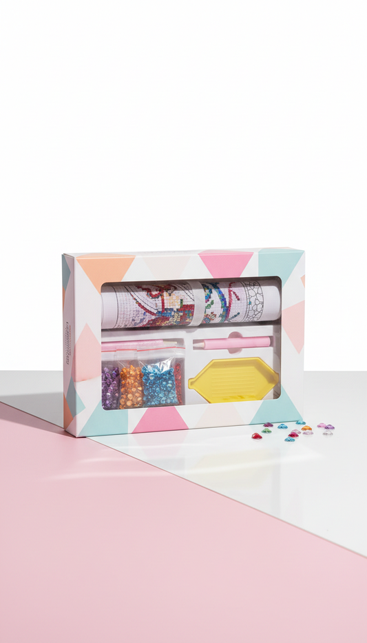 Premium rhinestone DIY canvas art kit, Three-quarter angle as default for product kits — shows off elegant packaging and...