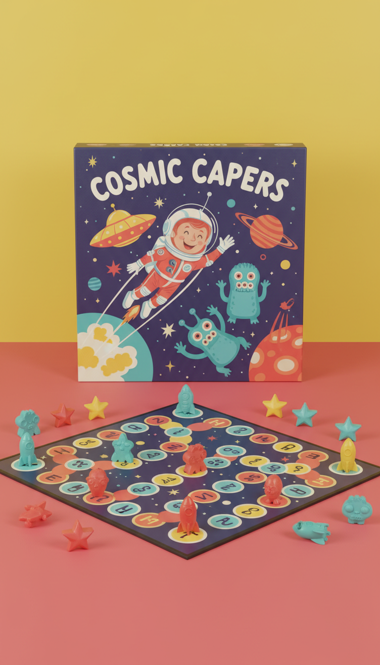Retro board game, use a 3/4 angle to capture the depth and details of each toy. Position toys against a simple, brightly...