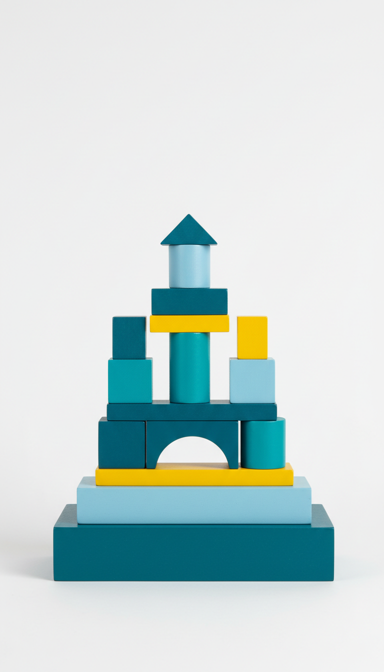Teal wooden stacking blocks set, Default product angle is straight-on or slight 3/4 view to highlight form and texture;...