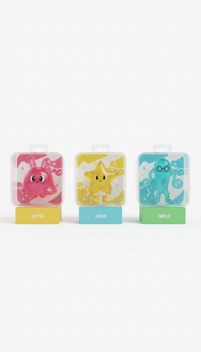 Jelly Jumpers Collectible Figures, perfectly centered horizontally and vertically with equal negative space above and...