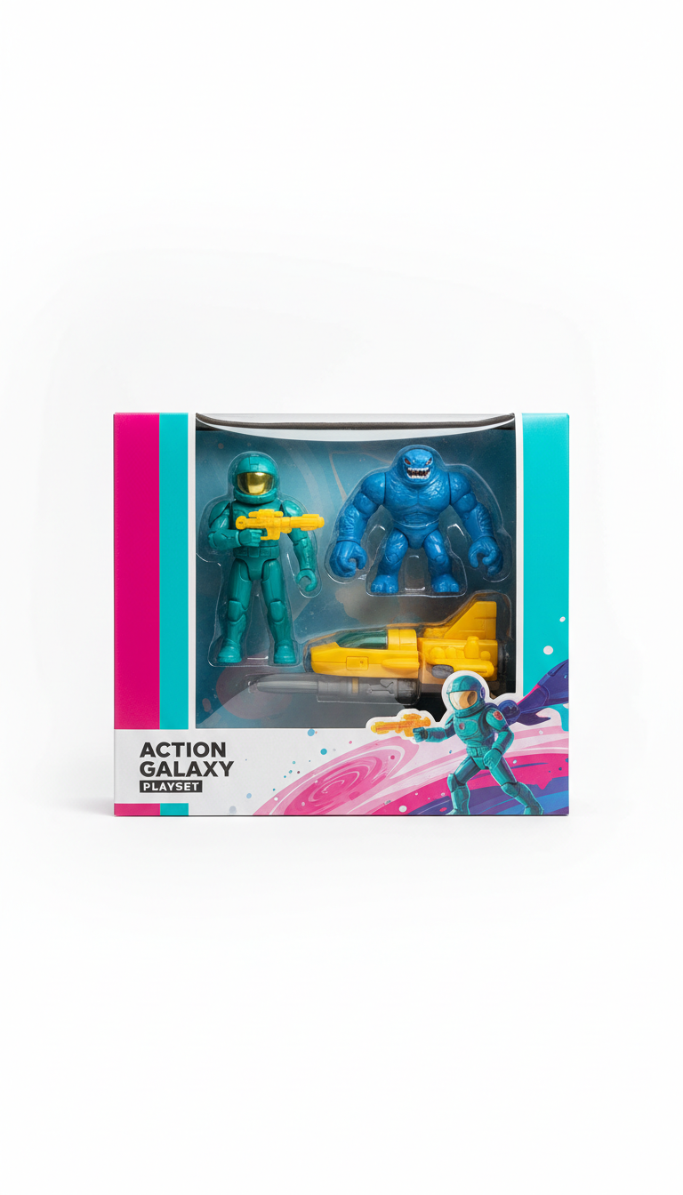 Action Galaxy Playset boxed set, Default angle: 3/4 frontal view at eye-level (relative to the toy), showing both...