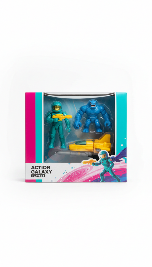 Action Galaxy Playset boxed set, Default angle: 3/4 frontal view at eye-level (relative to the toy), showing both...