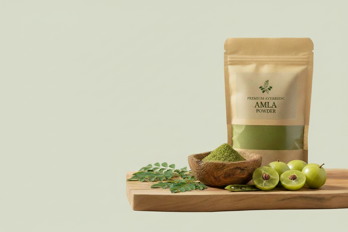 Amla Powder Slide - Light Green Background