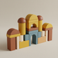Colorful themed block kit, Use a 3/4 angle to showcase the building blocks' texture and craftsmanship. Arrange the blocks...