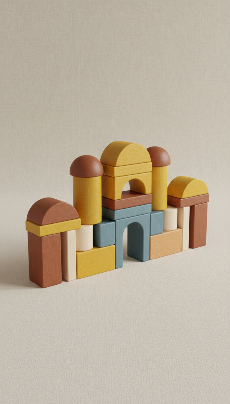 Colorful themed block kit, Use a 3/4 angle to showcase the building blocks' texture and craftsmanship. Arrange the blocks...