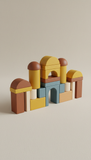 Colorful themed block kit, Use a 3/4 angle to showcase the building blocks' texture and craftsmanship. Arrange the blocks...