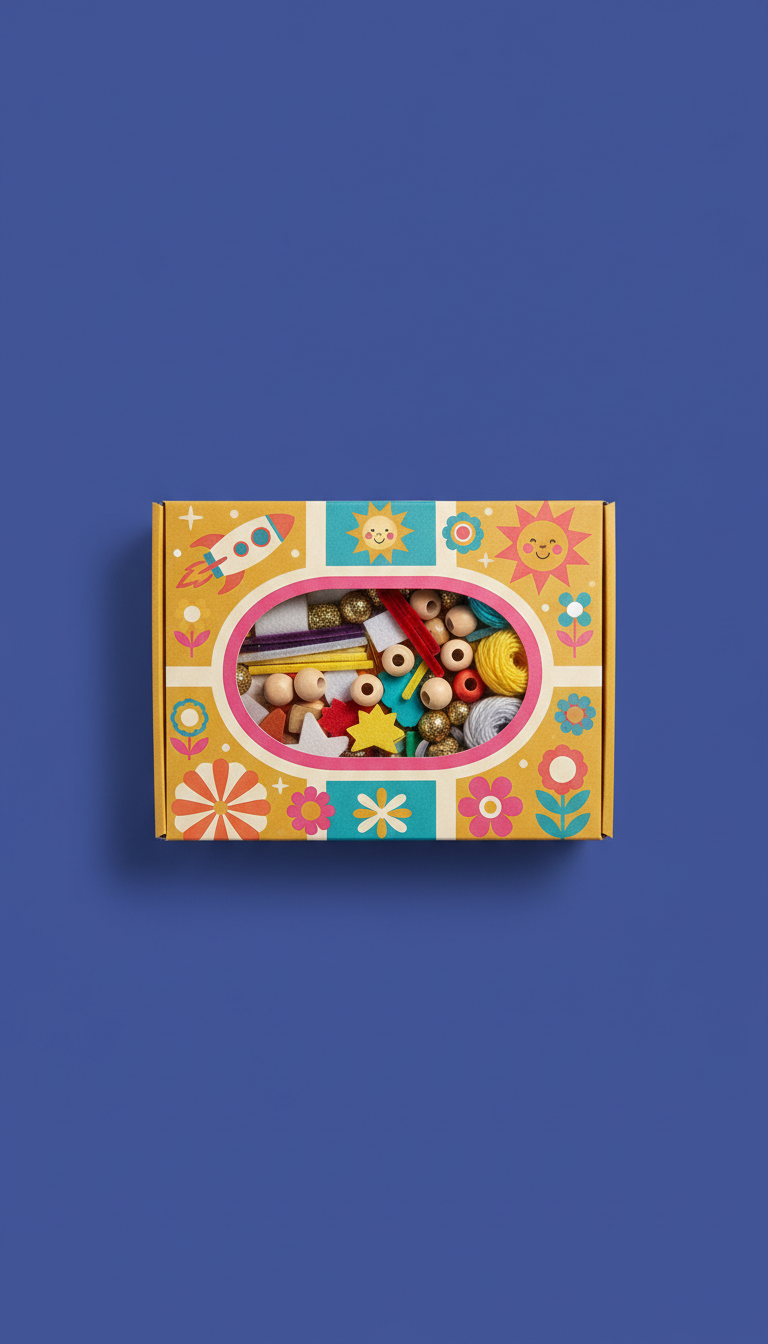 A DIY craft kit packaged in a retro-style box, perfectly centered against a clean background of Electric Indigo. The...