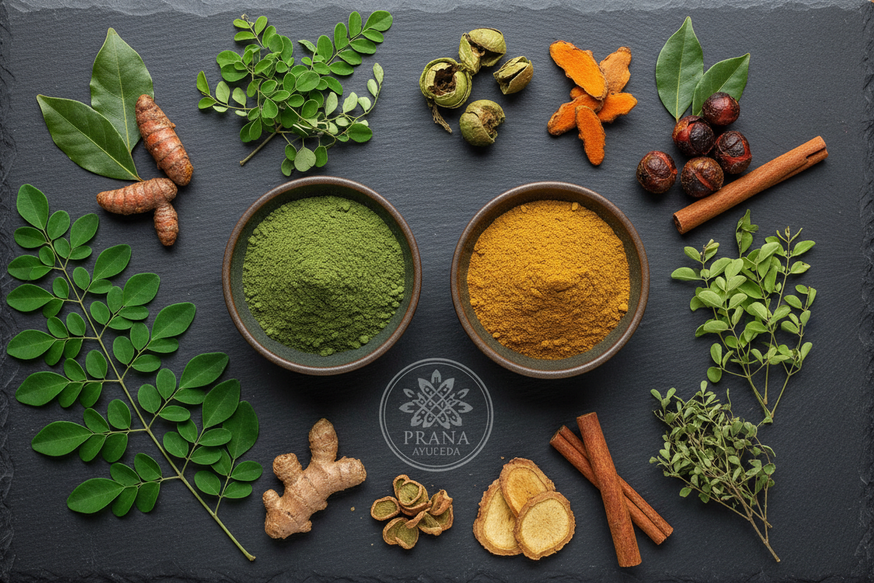 Yanshiv Herbal Superfood powders flat lay showing texture and usage